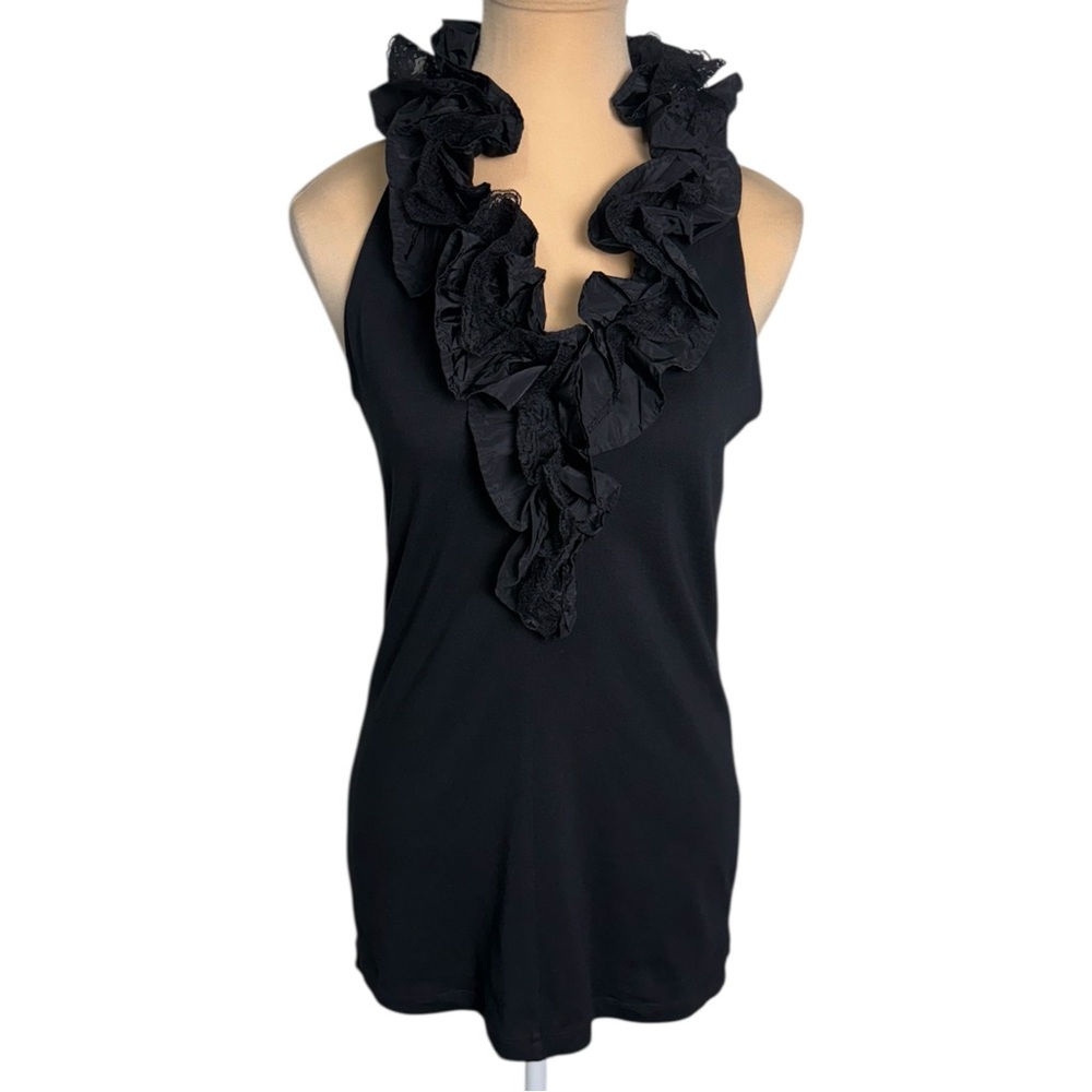 CAbi Black Taffeta Lace Ruffle Cotton Spandex Tank Style #564 Size Medium